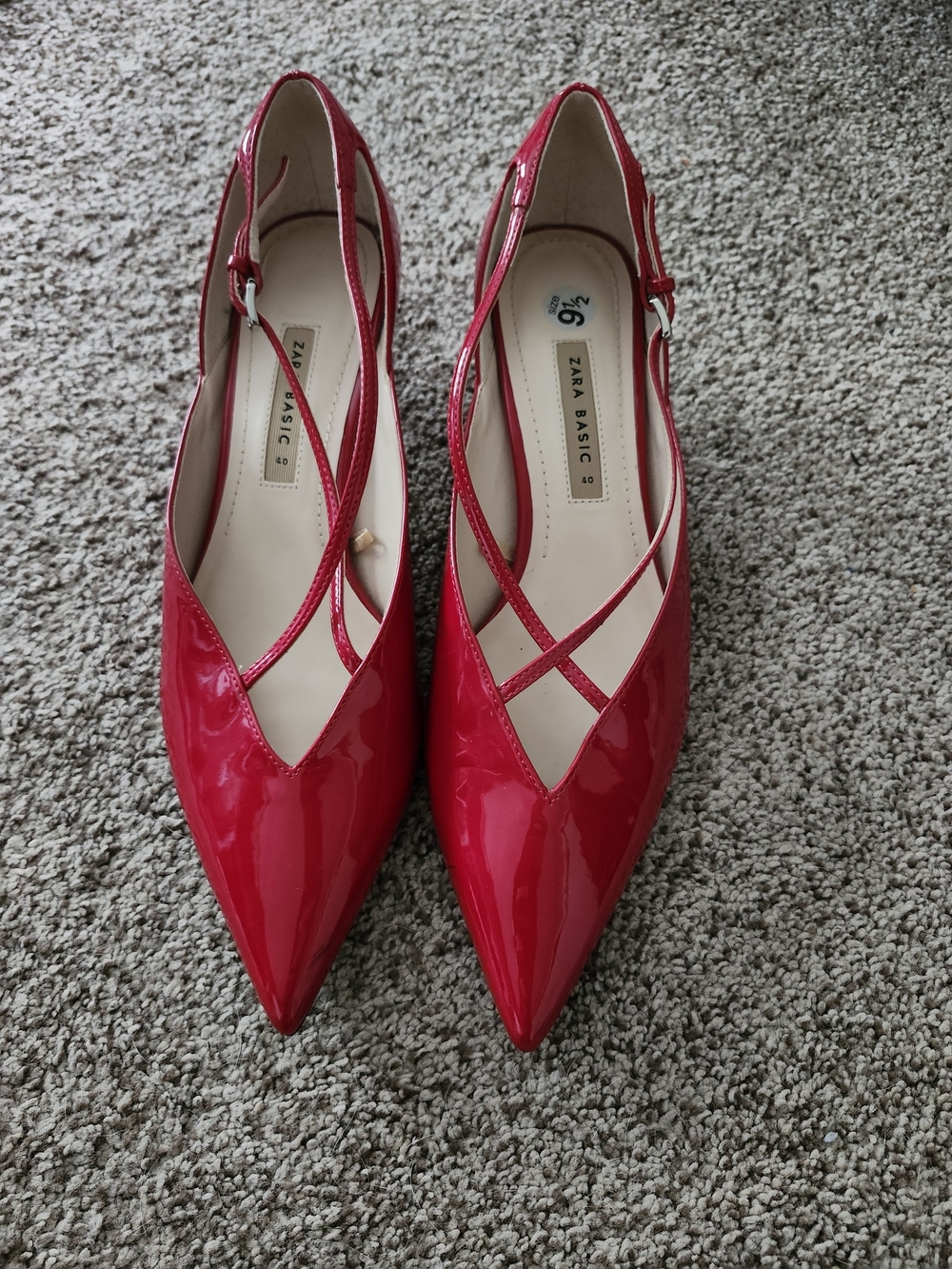 Zara Red Patent Pointed-Toe Slingback Flats with Cross Straps. Worn Twice! 9.5
